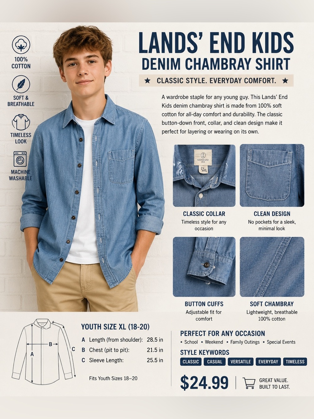 Lands' End kids Light Blue Chambray Button-Down Shirt